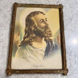 Antique Print Jesus Christ 1942 Inspiration 15.5”X11” in Rustic Faux Wood Frame